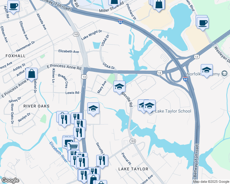 map of restaurants, bars, coffee shops, grocery stores, and more near 1435 Kempsville Road in Norfolk