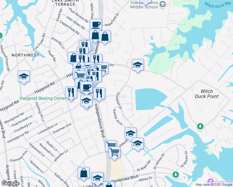 map of restaurants, bars, coffee shops, grocery stores, and more near 4500 East Honeygrove Road in Virginia Beach