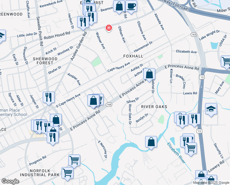 map of restaurants, bars, coffee shops, grocery stores, and more near 1515 Beekman Street in Norfolk