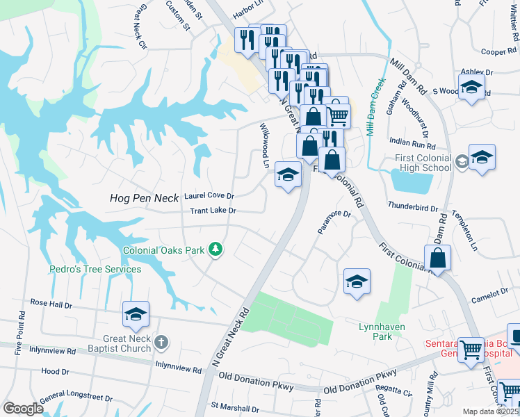 map of restaurants, bars, coffee shops, grocery stores, and more near 2220 Trant Lake Drive in Virginia Beach