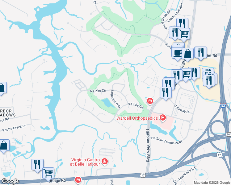 map of restaurants, bars, coffee shops, grocery stores, and more near 2012 Augusta Court in Suffolk