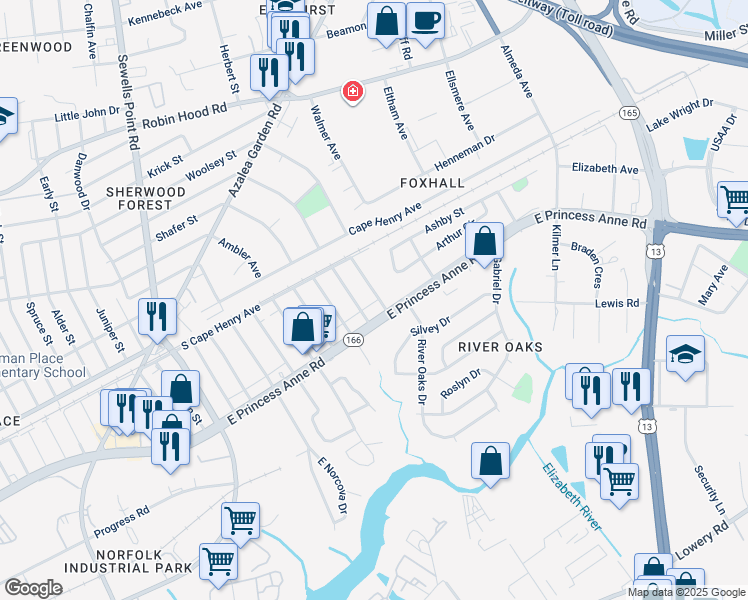 map of restaurants, bars, coffee shops, grocery stores, and more near 1515 Beekman Street in Norfolk
