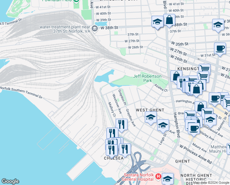 map of restaurants, bars, coffee shops, grocery stores, and more near 1448 Westover Avenue in Norfolk