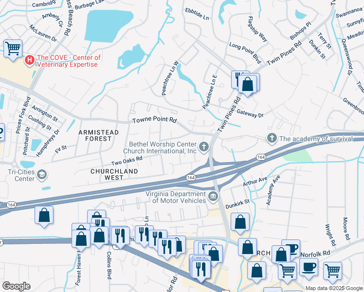 map of restaurants, bars, coffee shops, grocery stores, and more near 3742 Pepperwood Court in Portsmouth