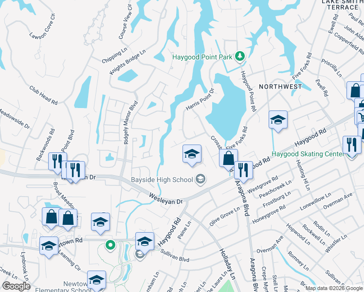 map of restaurants, bars, coffee shops, grocery stores, and more near 4709 Woodwind Way in Virginia Beach