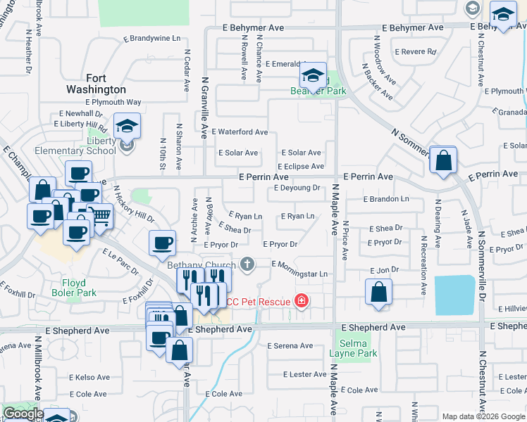 map of restaurants, bars, coffee shops, grocery stores, and more near 1710 East Shea Drive in Fresno