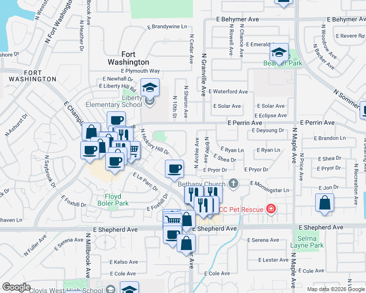 map of restaurants, bars, coffee shops, grocery stores, and more near 9348 North Saint Martin Drive in Fresno