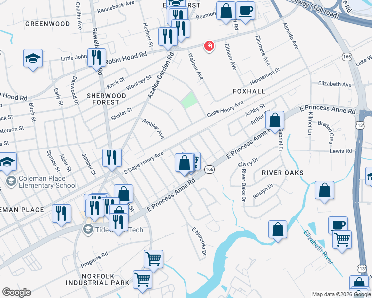 map of restaurants, bars, coffee shops, grocery stores, and more near 1531 Fleetwood Avenue in Norfolk