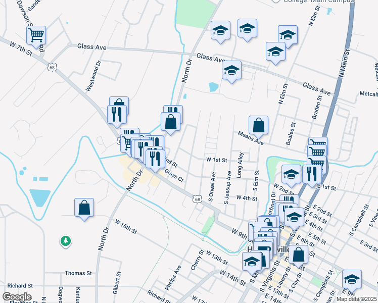 map of restaurants, bars, coffee shops, grocery stores, and more near 109 South Kentucky Avenue in Hopkinsville