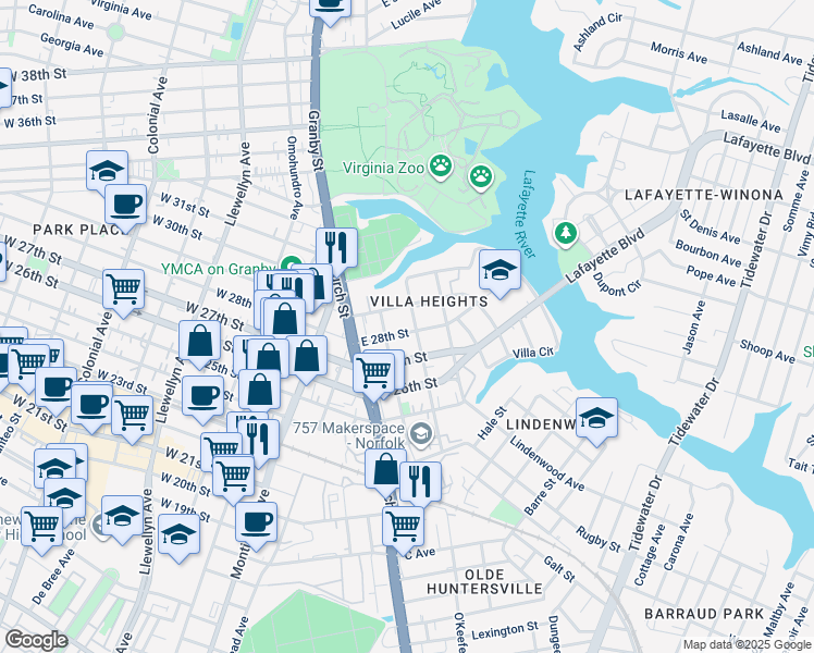 map of restaurants, bars, coffee shops, grocery stores, and more near 746 East 28th Street in Norfolk
