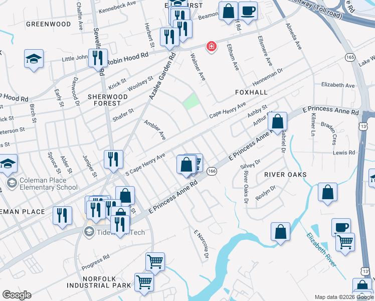 map of restaurants, bars, coffee shops, grocery stores, and more near 1531 Fleetwood Avenue in Norfolk