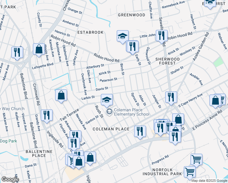 map of restaurants, bars, coffee shops, grocery stores, and more near 3900 Larkin Street in Norfolk