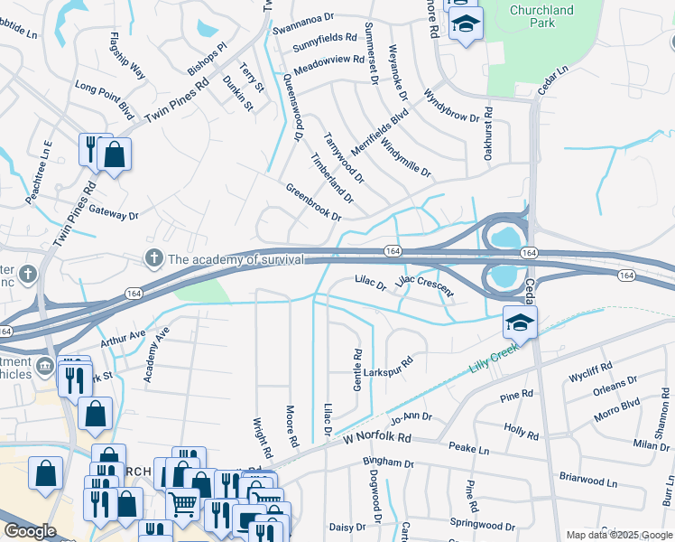 map of restaurants, bars, coffee shops, grocery stores, and more near 3708 Lilac Drive in Portsmouth