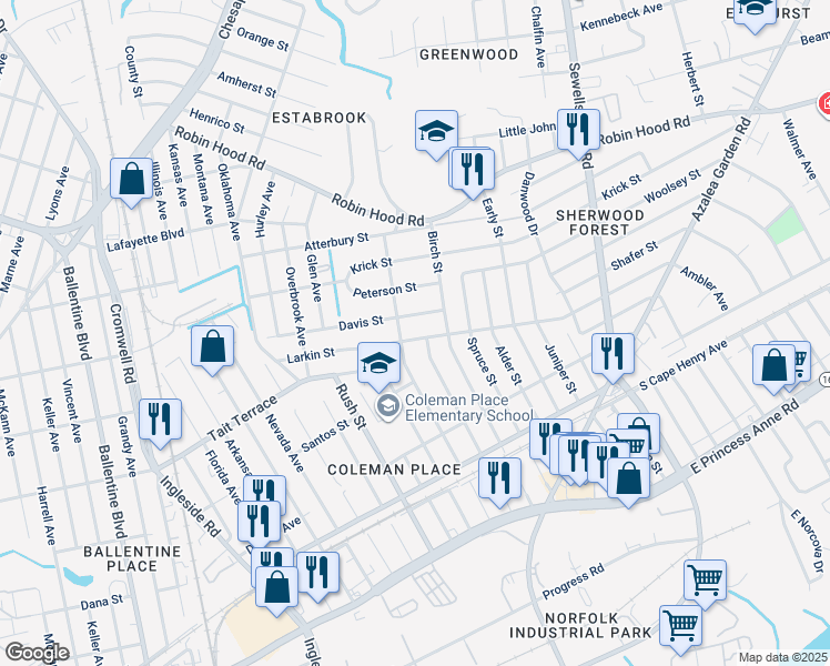 map of restaurants, bars, coffee shops, grocery stores, and more near 3908 Larkin Street in Norfolk