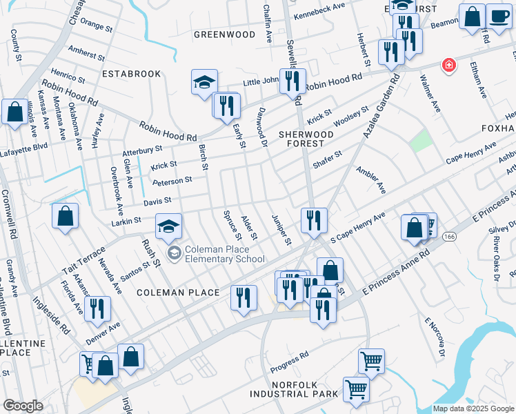 map of restaurants, bars, coffee shops, grocery stores, and more near 2704 Early Street in Norfolk