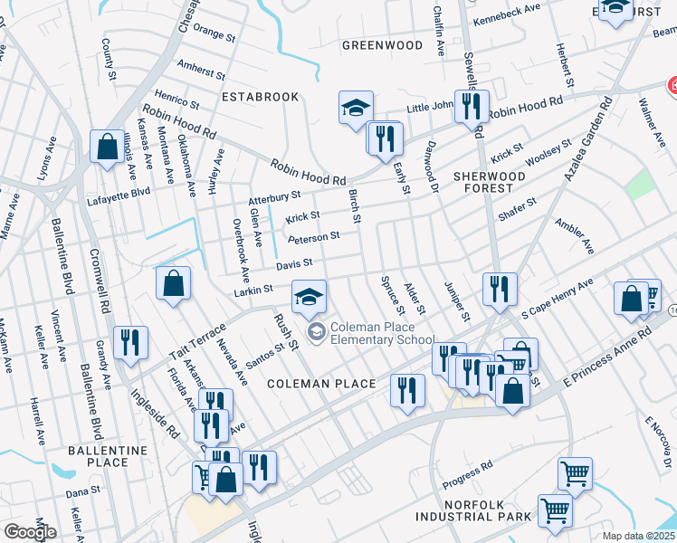 map of restaurants, bars, coffee shops, grocery stores, and more near 3908 Larkin Street in Norfolk