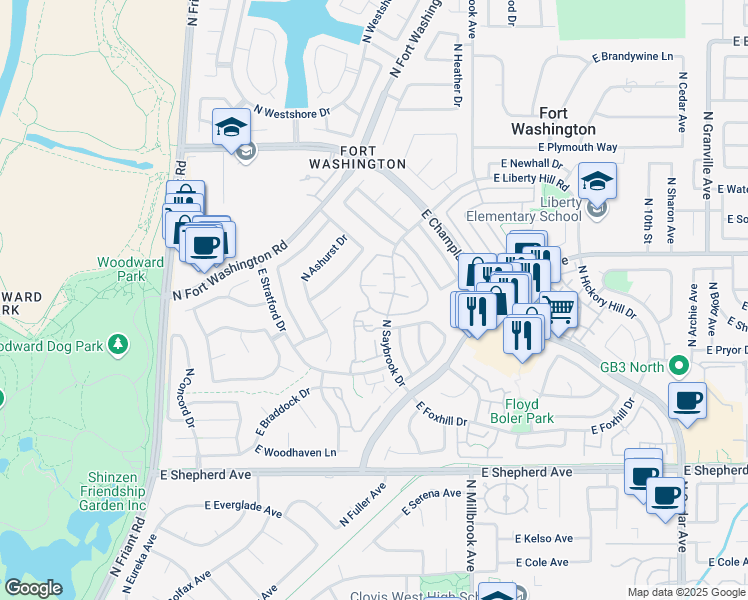 map of restaurants, bars, coffee shops, grocery stores, and more near 9466 North Woodmont Drive in Fresno