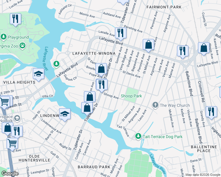 map of restaurants, bars, coffee shops, grocery stores, and more near 2839 Somme Avenue in Norfolk