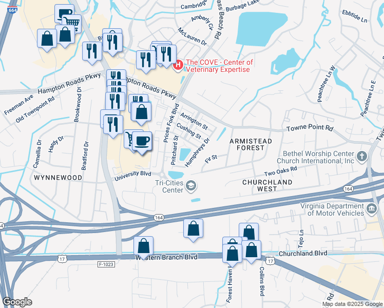 map of restaurants, bars, coffee shops, grocery stores, and more near 2241 Humphreys Drive in Suffolk