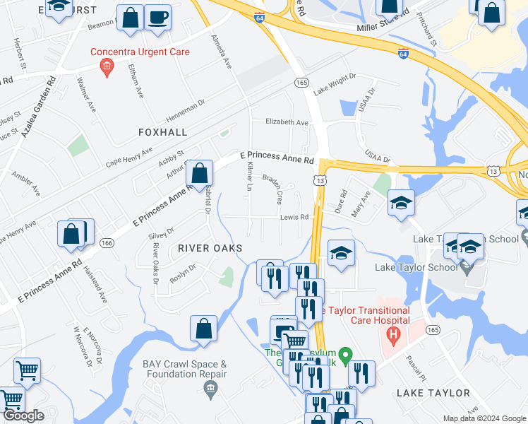 map of restaurants, bars, coffee shops, grocery stores, and more near 1425 Braden Crescent in Norfolk