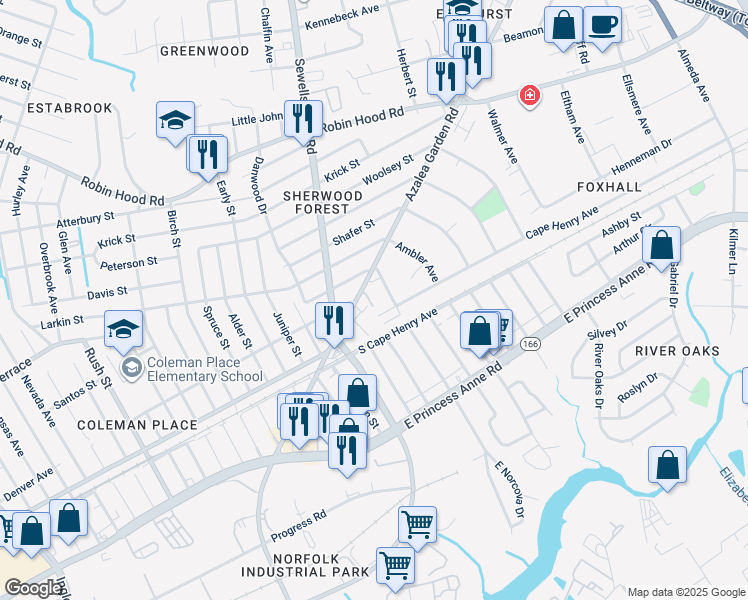 map of restaurants, bars, coffee shops, grocery stores, and more near 2424 Norcova Avenue in Norfolk
