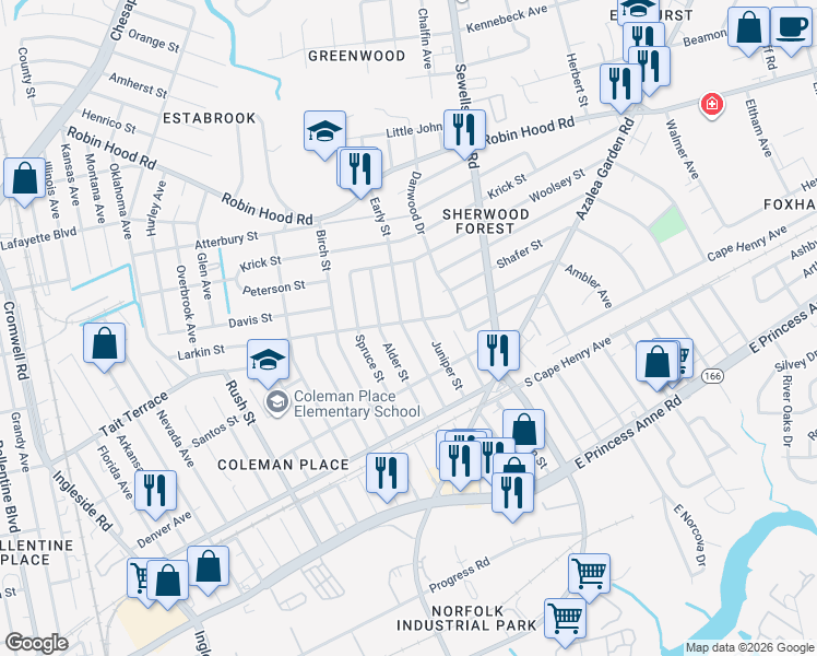 map of restaurants, bars, coffee shops, grocery stores, and more near 2704 Early Street in Norfolk