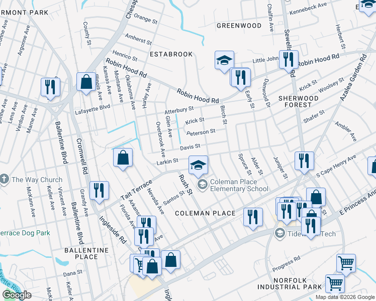 map of restaurants, bars, coffee shops, grocery stores, and more near 3841 Peterson Street in Norfolk