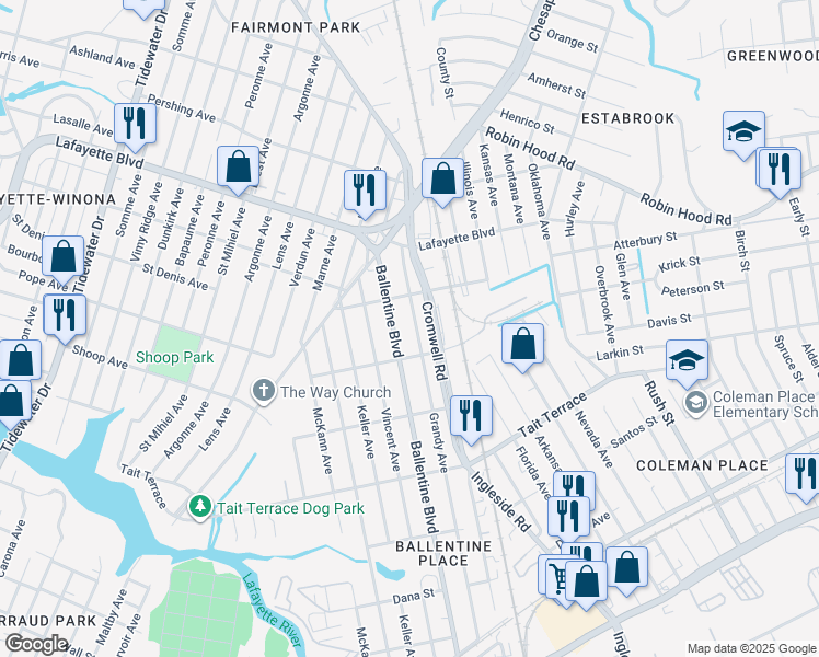 map of restaurants, bars, coffee shops, grocery stores, and more near 2846 Ballentine Boulevard in Norfolk