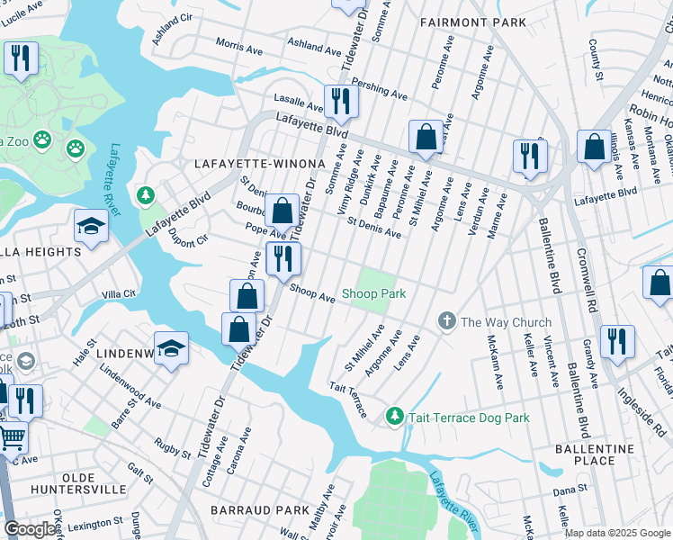 map of restaurants, bars, coffee shops, grocery stores, and more near 2904 Vimy Ridge Avenue in Norfolk