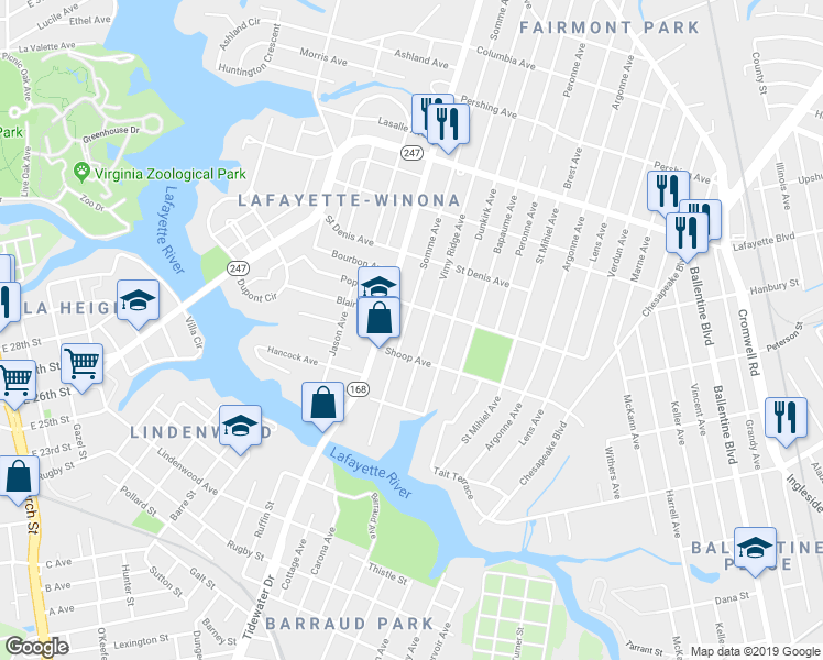 map of restaurants, bars, coffee shops, grocery stores, and more near 2839 Somme Avenue in Norfolk
