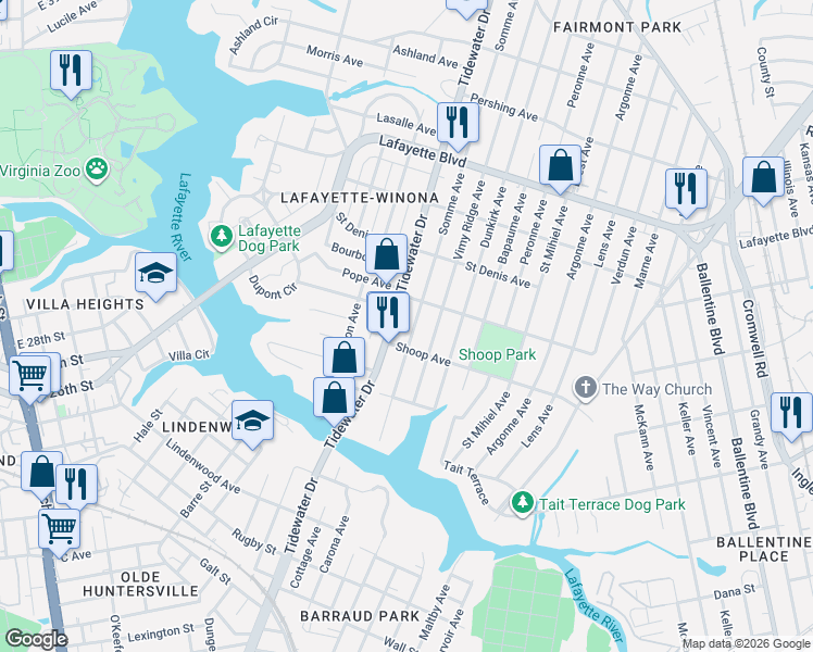 map of restaurants, bars, coffee shops, grocery stores, and more near 2839 Somme Avenue in Norfolk