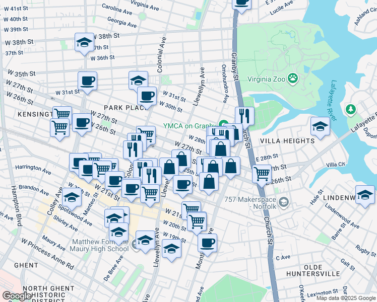 map of restaurants, bars, coffee shops, grocery stores, and more near 223 West 28th Street in Norfolk