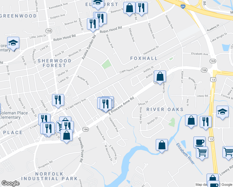 map of restaurants, bars, coffee shops, grocery stores, and more near 1533 Nelms Avenue in Norfolk