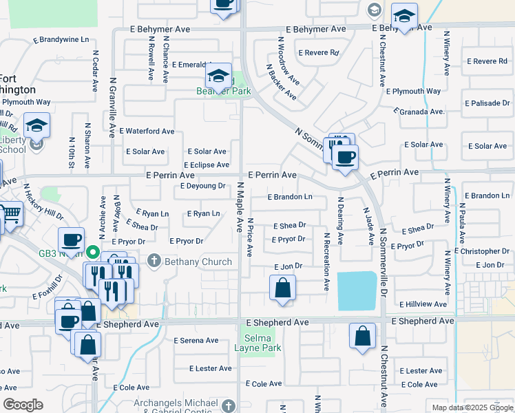 map of restaurants, bars, coffee shops, grocery stores, and more near 9411 North Backer Avenue in Fresno