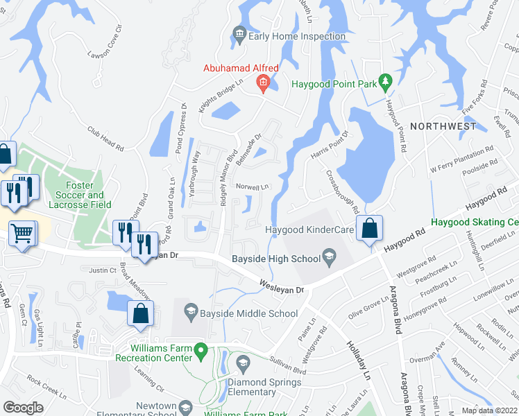 map of restaurants, bars, coffee shops, grocery stores, and more near Broadholme Place in Virginia Beach