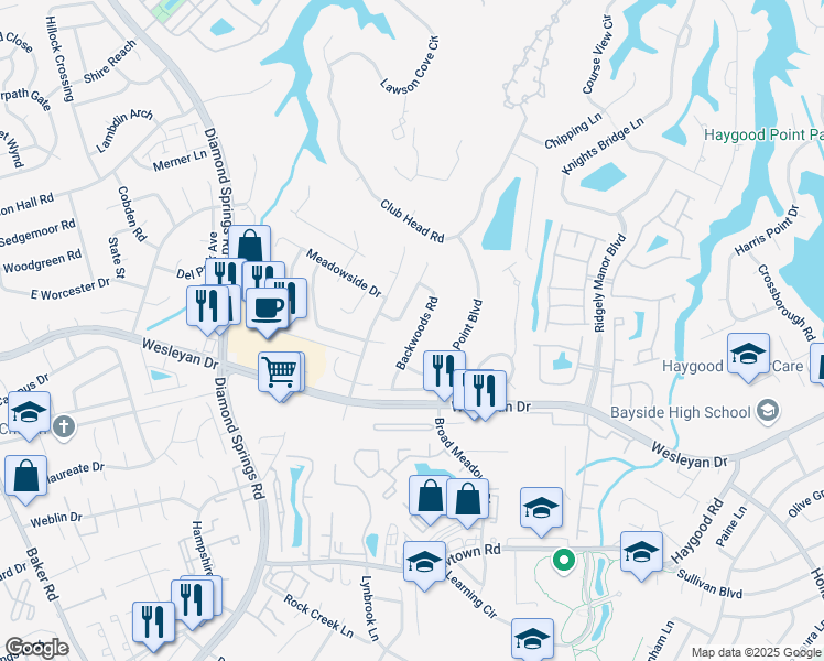 map of restaurants, bars, coffee shops, grocery stores, and more near 1069 Backwoods Road in Virginia Beach
