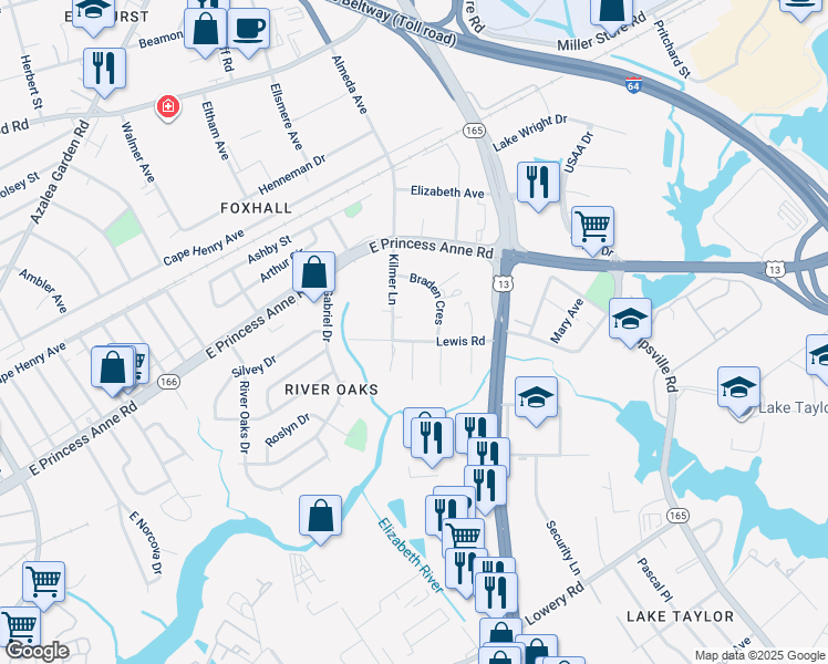 map of restaurants, bars, coffee shops, grocery stores, and more near 5516 Lewis Road in Norfolk