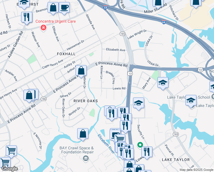 map of restaurants, bars, coffee shops, grocery stores, and more near 5516 Lewis Road in Norfolk