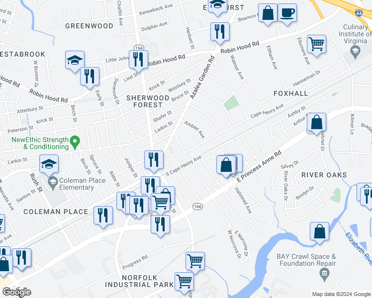 map of restaurants, bars, coffee shops, grocery stores, and more near 4900 Cape Henry Avenue in Norfolk