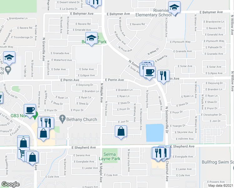 map of restaurants, bars, coffee shops, grocery stores, and more near 2112 East Ryan Lane in Fresno