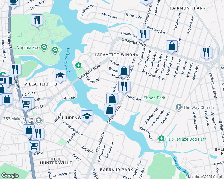 map of restaurants, bars, coffee shops, grocery stores, and more near 1751 Gowrie Avenue in Norfolk