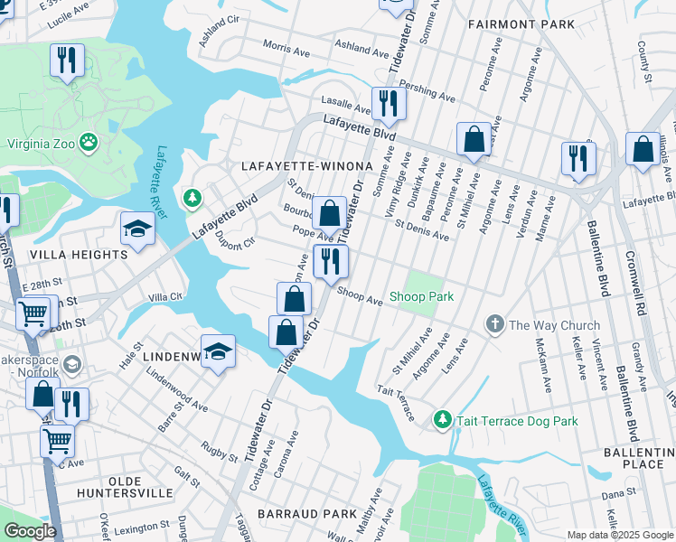 map of restaurants, bars, coffee shops, grocery stores, and more near 1819 Blair Avenue in Norfolk