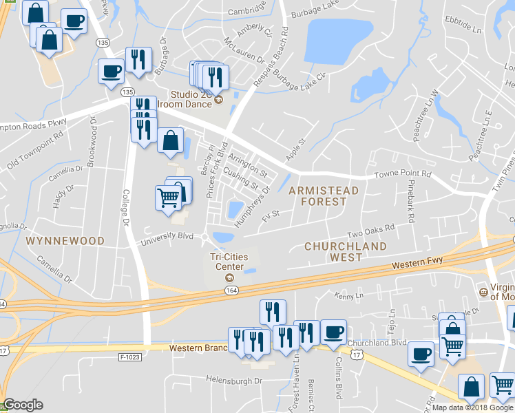 map of restaurants, bars, coffee shops, grocery stores, and more near 2254 Humphreys Drive in Suffolk
