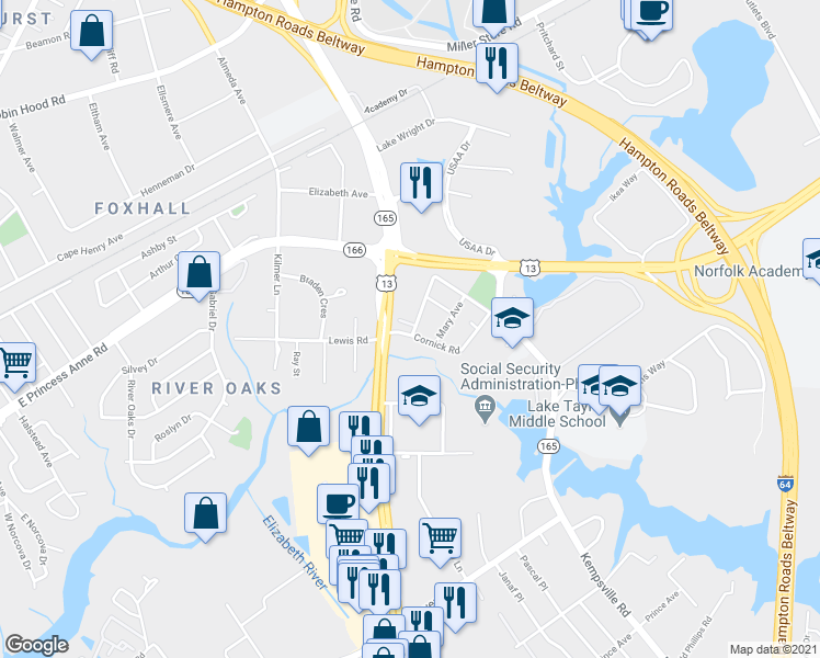 map of restaurants, bars, coffee shops, grocery stores, and more near 1432 North Military Highway in Norfolk