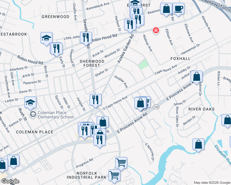 map of restaurants, bars, coffee shops, grocery stores, and more near 2424 Norcova Avenue in Norfolk