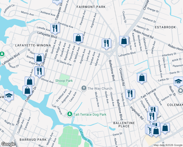 map of restaurants, bars, coffee shops, grocery stores, and more near 2943 Verdun Avenue in Norfolk