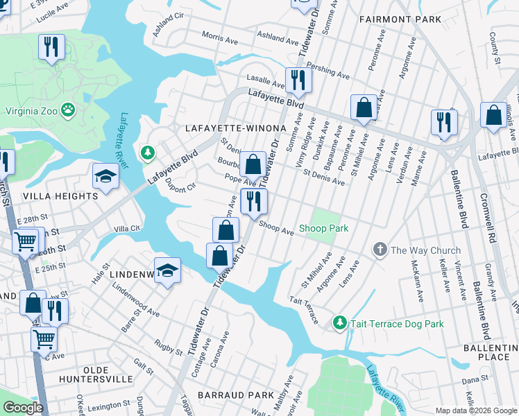 map of restaurants, bars, coffee shops, grocery stores, and more near 1819 Blair Avenue in Norfolk