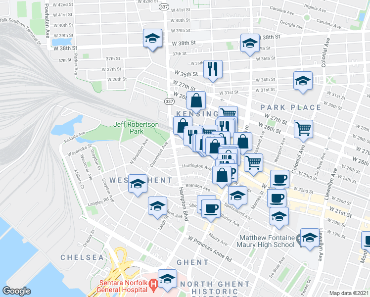 map of restaurants, bars, coffee shops, grocery stores, and more near 955 West 21st Street in Norfolk