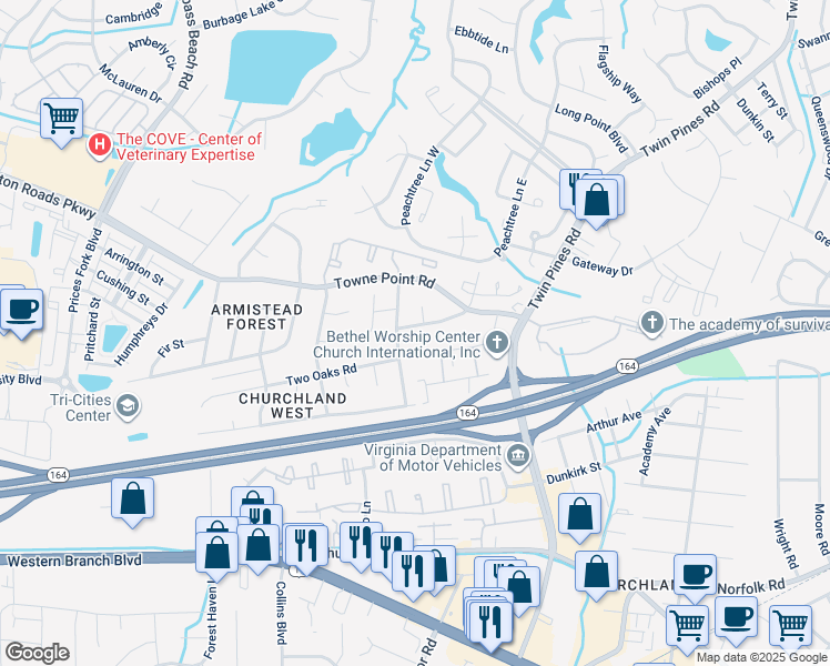 map of restaurants, bars, coffee shops, grocery stores, and more near 3743 Pinebark Road in Portsmouth