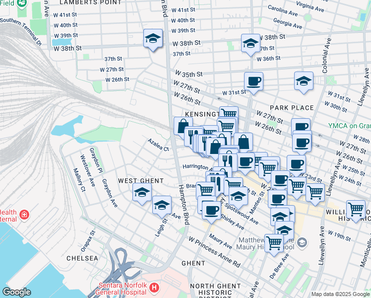 map of restaurants, bars, coffee shops, grocery stores, and more near 953 Azalea Court in Norfolk